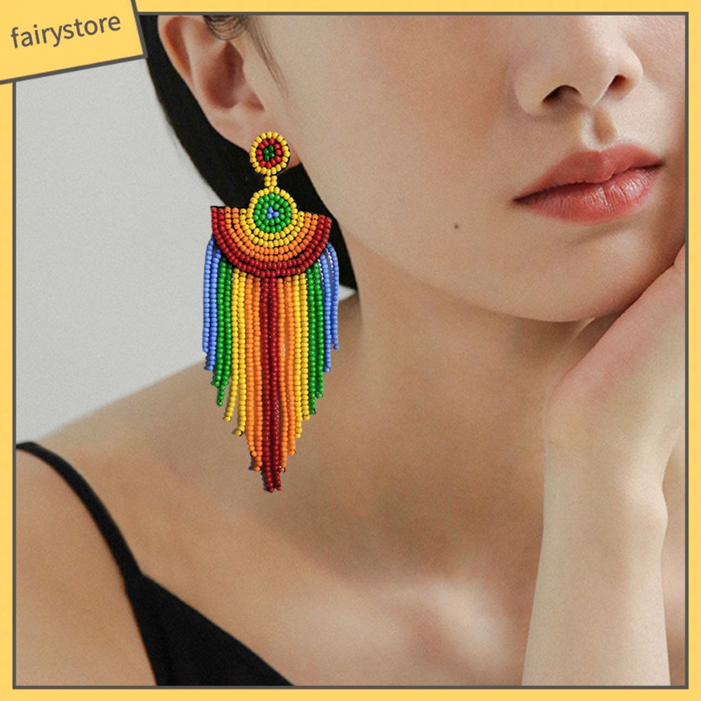 1 Đôi Bông Tai Xỏ Hạt Nhiều Màu Sắc Tua Rua Phong Cách Cổ Điển