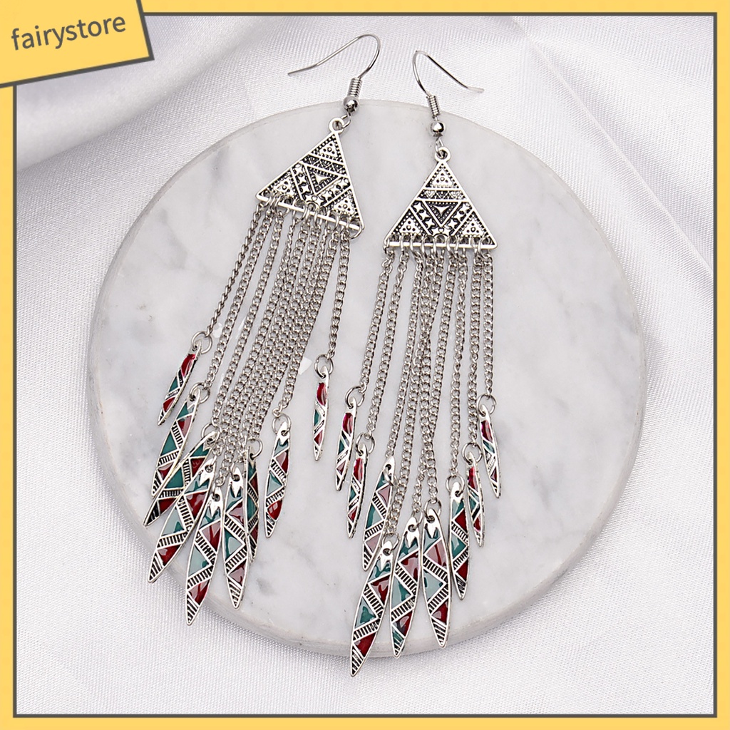 1 Đôi Bông Tai Dáng Dài Mặt Tam Giác Phối Tua Rua Phong Cách Vintage