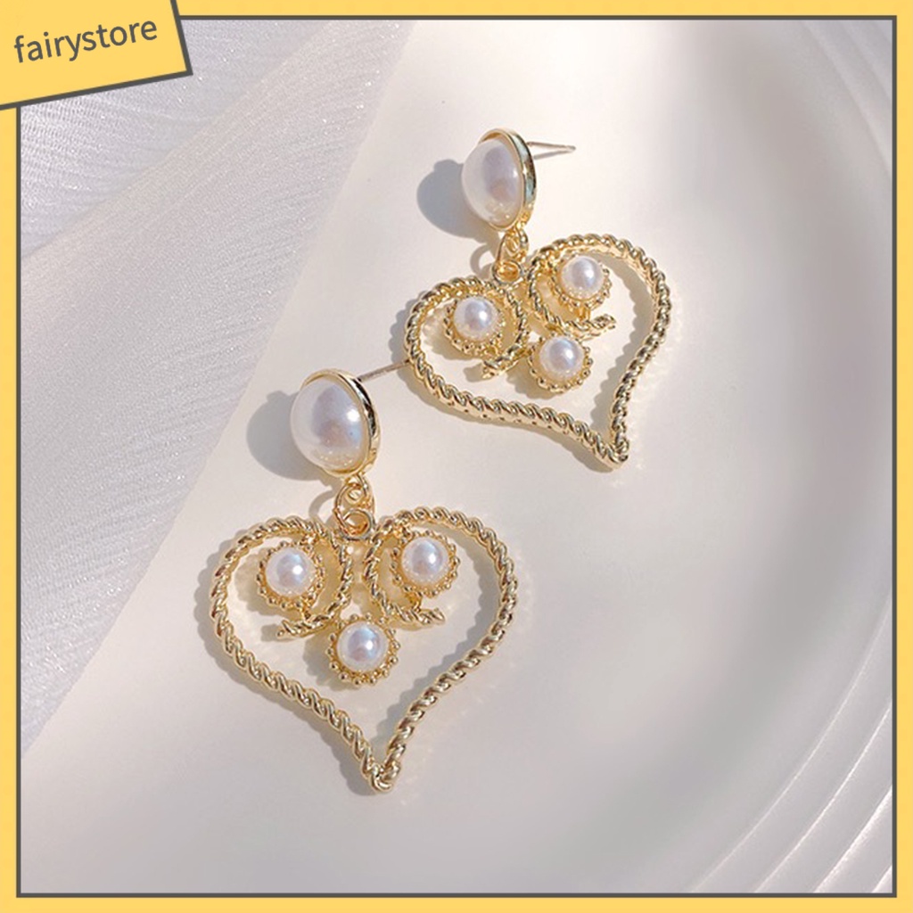 1 Đôi Bông Tai Hình Trái Tim Đính Ngọc Trai Giả Phong Cách Cung Điện