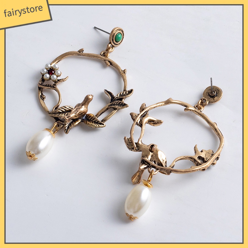 Bông Tai Hình Hoa / Chim Đính Ngọc Trai Giả Phong Cách Retro Dành Cho Nữ