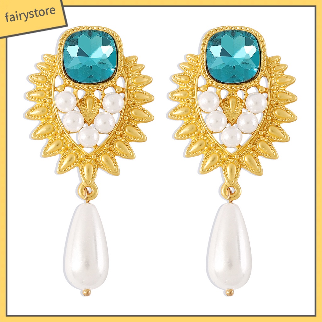 1 Đôi Bông Tai Đính Đá Ngọc Trai Nhân Tạo Màu Xanh Dương Phong Cách Thời Trung Cổ Thời Trang