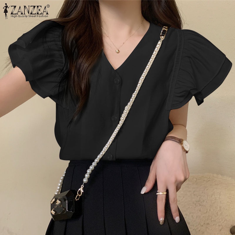 Zanzea Áo Kiểu Nữ Cộc Tay Cổ Chữ V Thời Trang Hàn