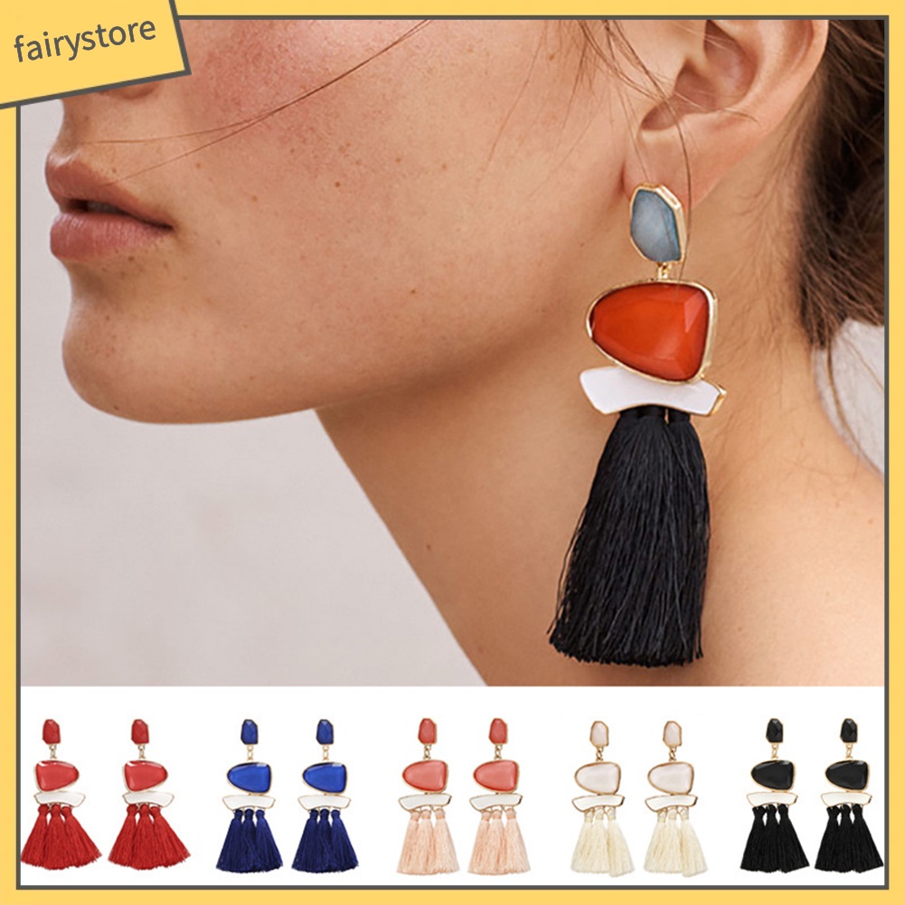 Bông Tai Hình Học Tua Rua Phong Cách Dân Tộc Dành Cho Nữ