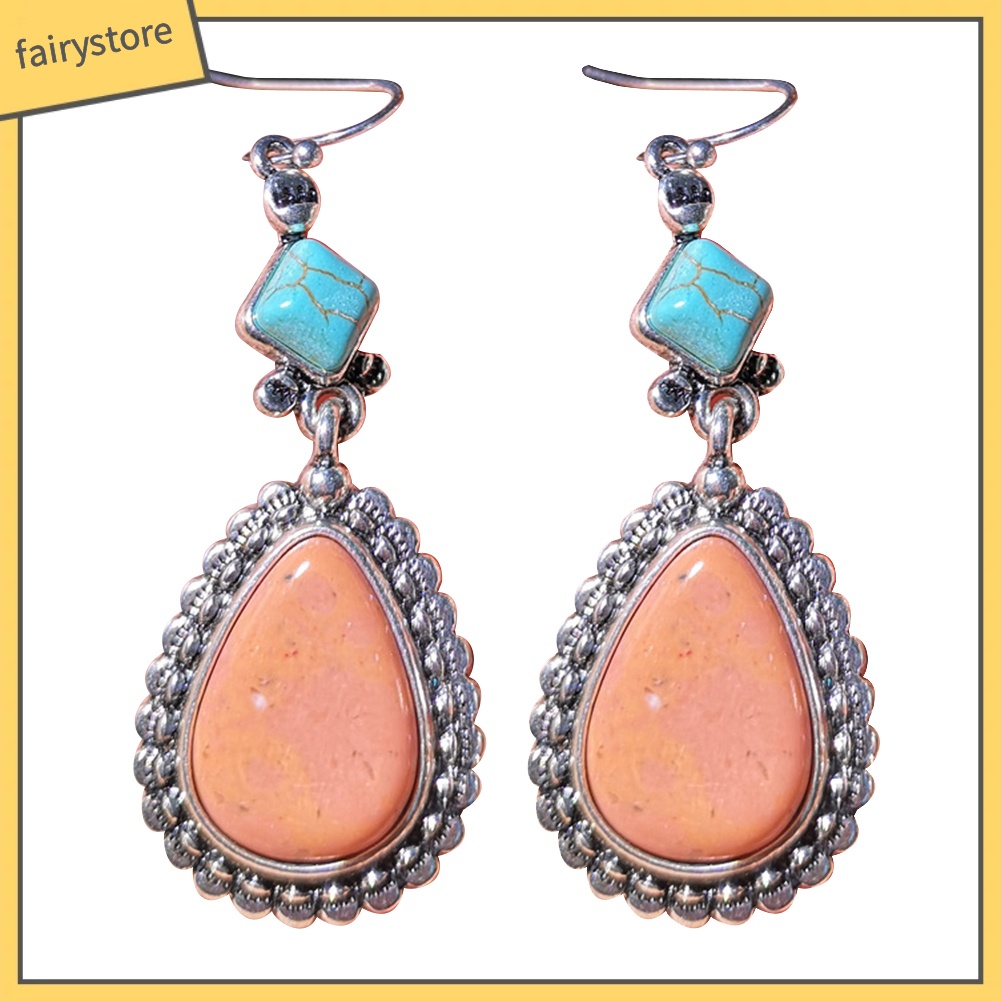 Bông Tai Hình Giọt Nước Đính Đá Ngọc Lam Giả Phong Cách Vintage Dành Cho Nữ