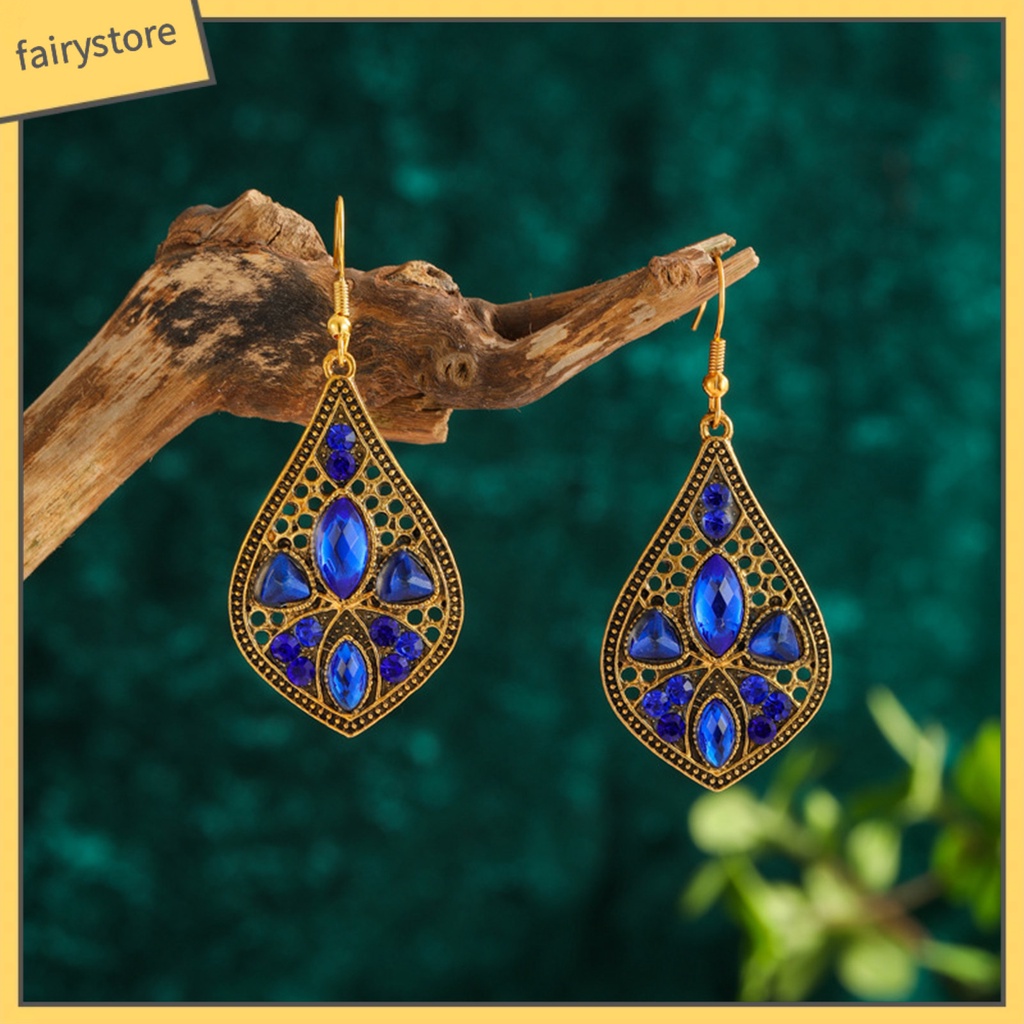 1 Đôi Bông Tai Hình Giọt Nước Đính Đá Phong Cách Retro Dành Cho Nữ