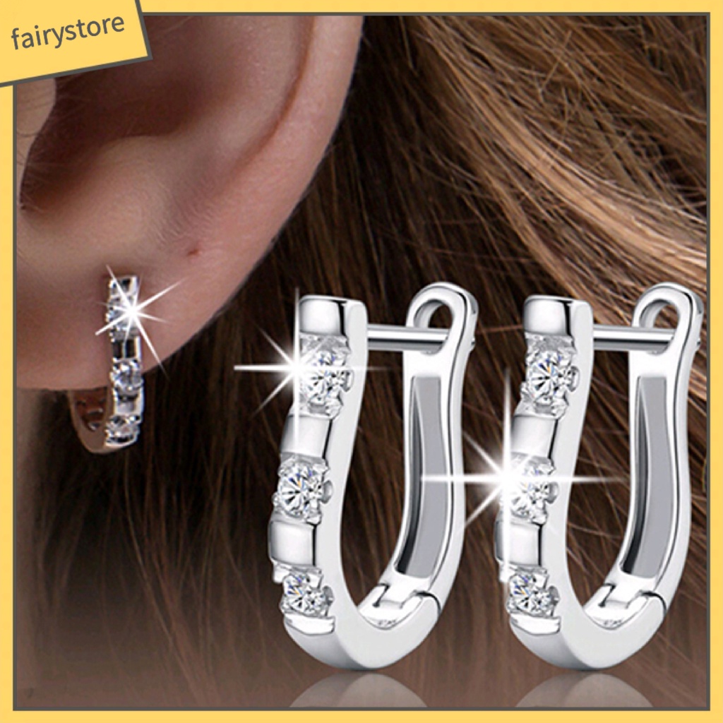 1 Đôi Bông Tai Tròn Mạ Bạc Đính Đá Trắng Sang Trọng