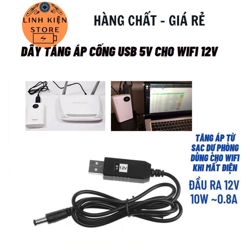 Dây nguồn USB kích sạc dự phòng lên 9 - 12V cho wifi- Có Led, không led