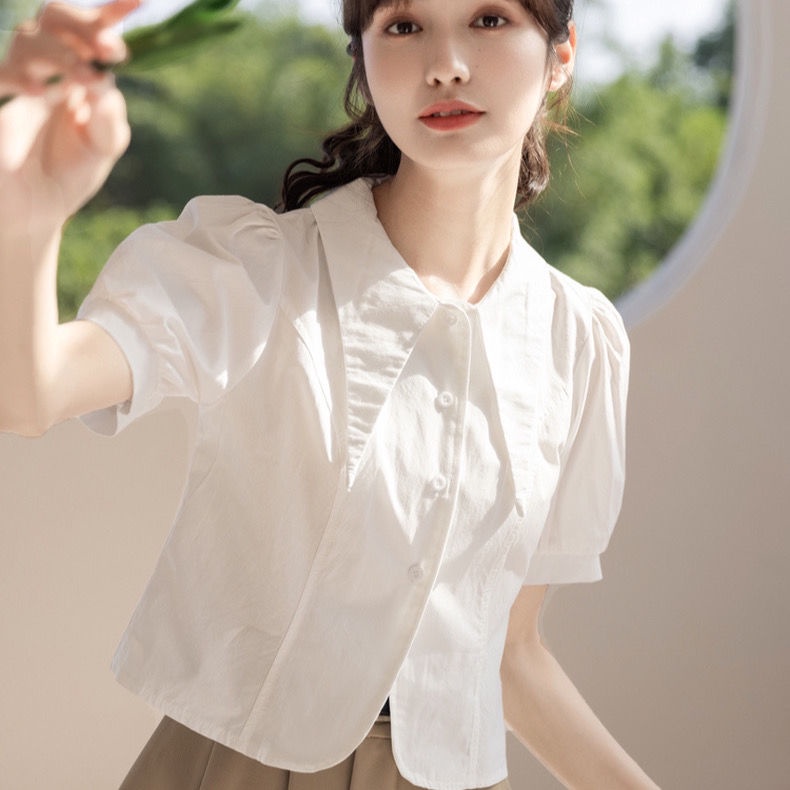 Áo Sơ Mi Tay Ngắn Phồng Màu Trắng Phong Cách Pháp Thời Trang Mùa Hè Xinh Xắn Cho Nữ