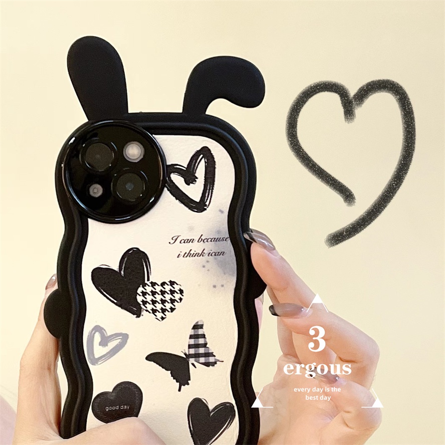 Ear CaseỐp Điện Thoại TPU Mềm Họa Tiết Trái Tim Màu Đen Cá Tính Cho IPhone 14 13 12 11 Pro Max X XR Xs Max