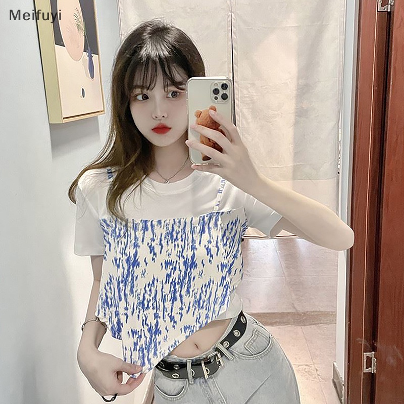 Áo Thun Ngắn Tay Cổ Tròn Giả Hai Lớp Nhuộm Màu Thời Trang Mùa Hè Cho Nữ