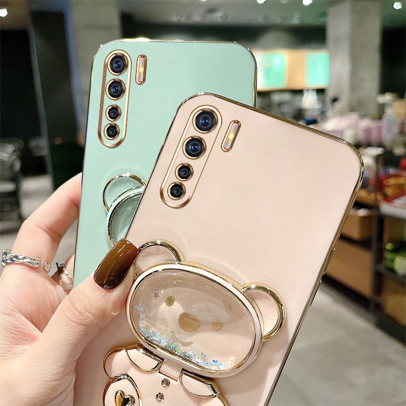 Ốp Điện Thoại Mạ Điện Sang Trọng Có Giá Đỡ Hình Gấu Cho OPPO Reno 3 4G A91 F15 Reno 4 Pro