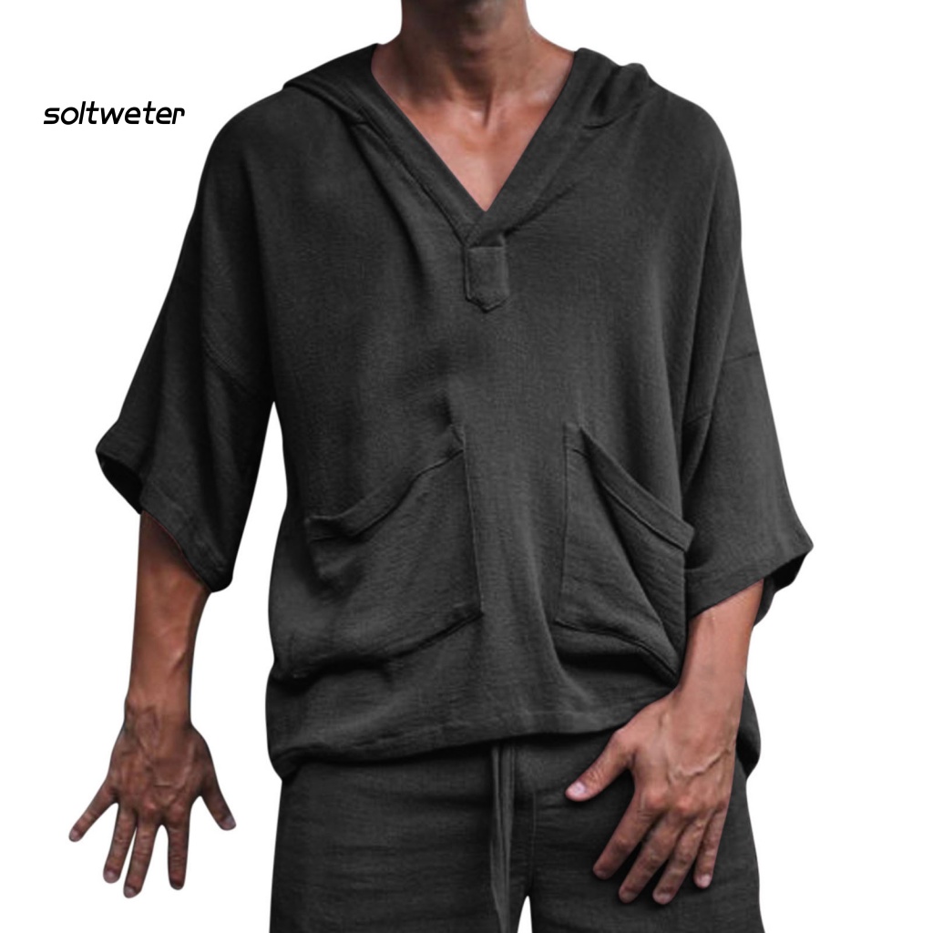 Áo Hoodie Tay Ngắn Chui Đầu Màu Sắc Đơn Giản Phối Túi Phong Cách Đường Phố