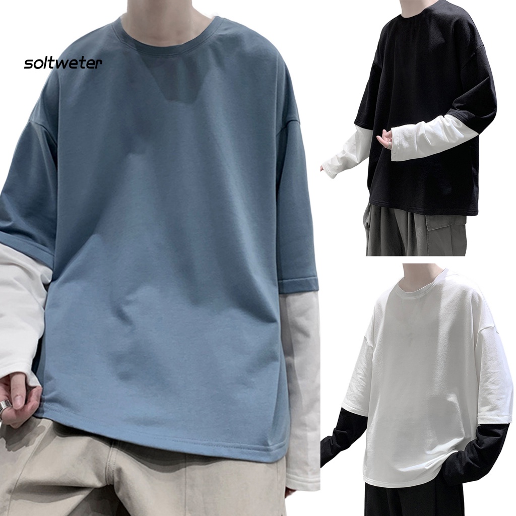 Áo Thun Cổ Tròn Dáng Rộng Giả Hai Lớp Màu Sắc Tương Phản Thời Trang Mùa Thu Cho Nam