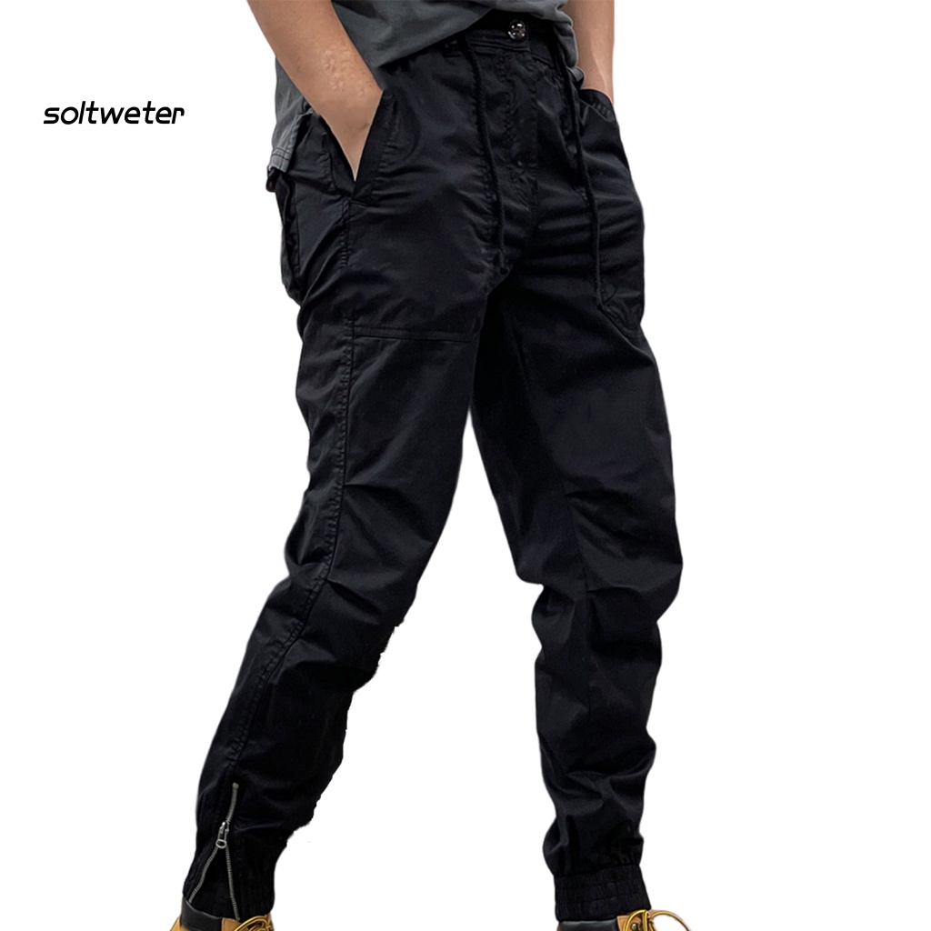 Quần Dài Dáng Suông Nhiều Túi Lưng Thun Dây Rút Màu Trơn Phong Cách Đường Phố Cho Nam