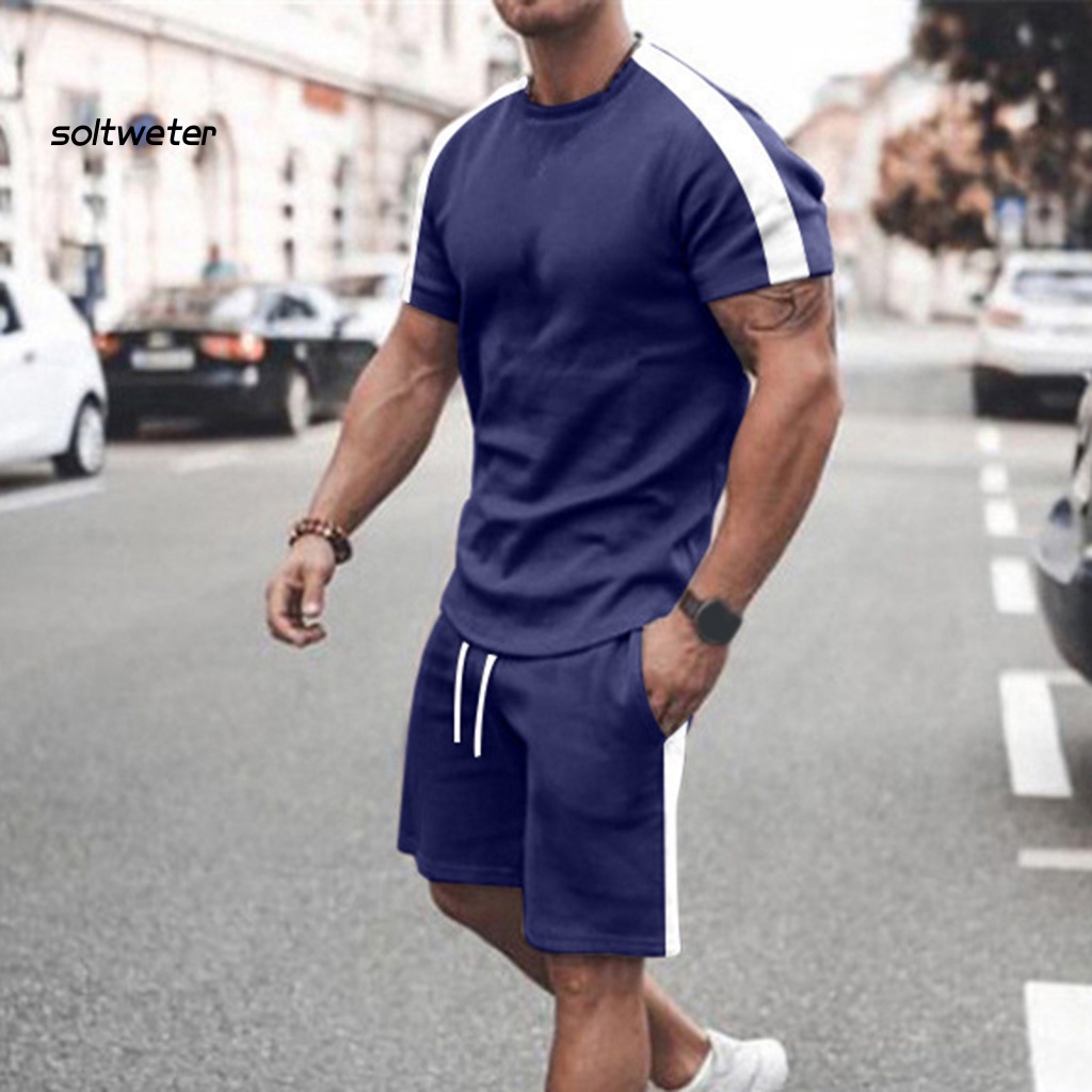 Bộ Đồ Thể Thao 2 Món Áo Thun Cổ Tròn Phối Quần Short Lưng Thun Màu Sắc Tương Phản Thời Trang Mùa Hè Cho Nam