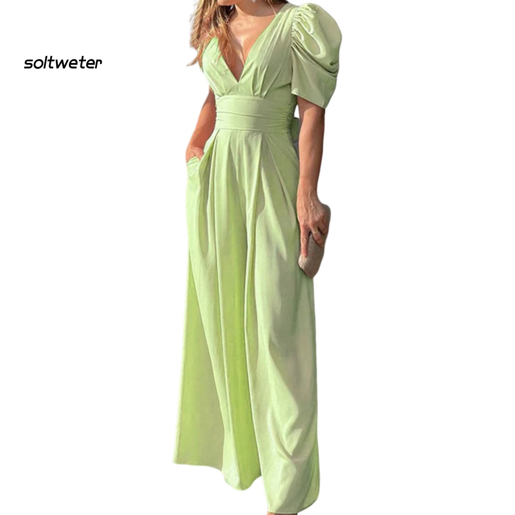 Áo liền quần Ngắn Tay Cổ Chữ V Khoét Sâu Màu Sắc Trơn Cho Nữ