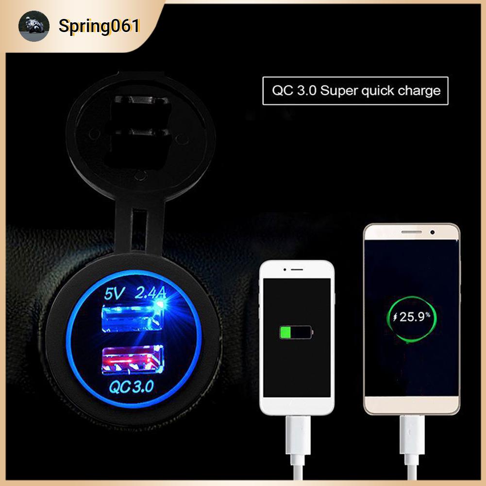 Spring061 Bộ sạc điện thoại di động trên xe hơi USB kép chống nước Sạc nhanh an toàn cho QC 3.0