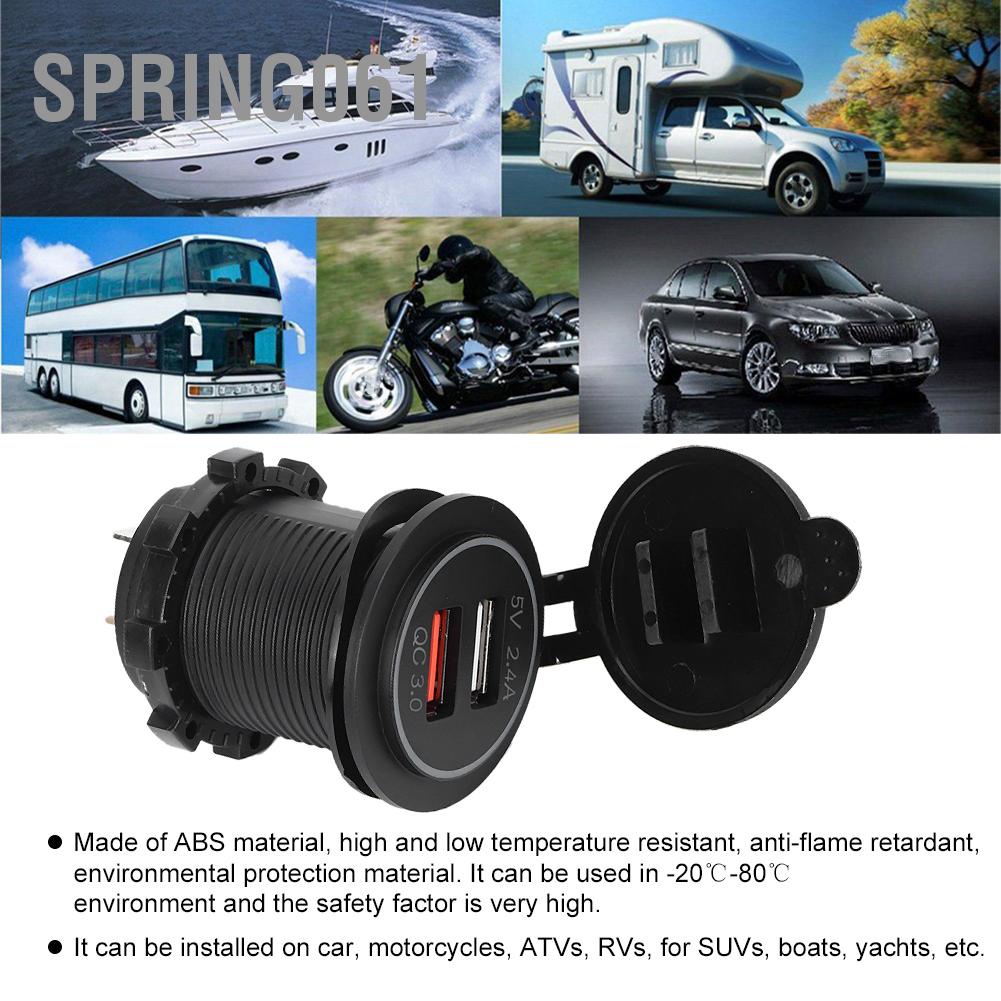 Spring061 Bộ sạc điện thoại di động trên xe hơi USB kép chống nước Sạc nhanh an toàn cho QC 3.0