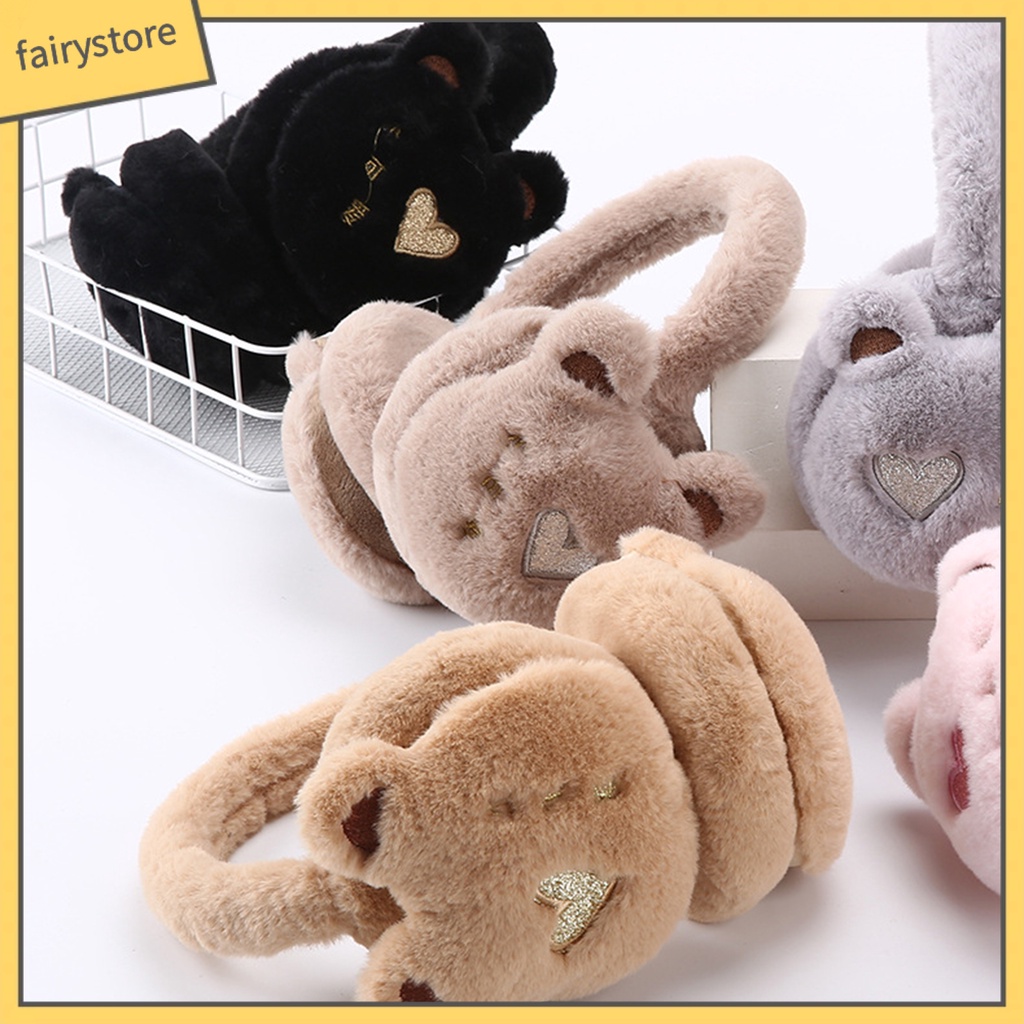 Chụp Tai Giữ Ấm Mùa Đông Bằng Vải Bông Dày Dặn Mềm Mại Co Giãn Không Trượt Thêu Hình Gấu Dễ Thương