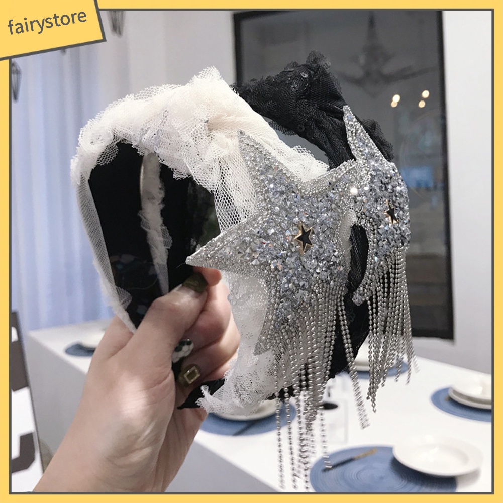 Băng Đô Cài Tóc Bản Rộng Thắt Nút Đính Đá &amp; Tua Rua Cho Nữ