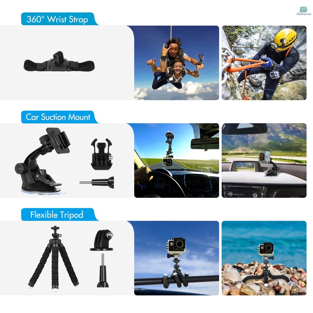 Andoer Action Camera Accessories Kit Sports Camera Accessories Set with Waterproop Housing Silicone Protective Case Selfie Stick Various Mount Bracket and More Replacement for   10/9 Black with Carryi