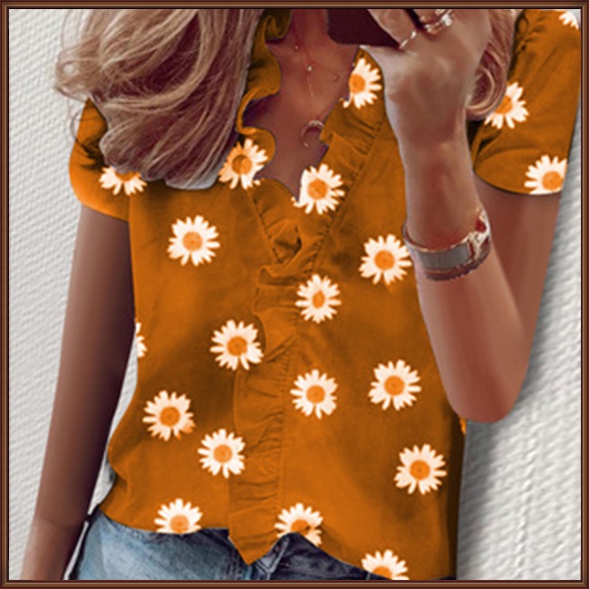 Áo Kiểu Tay Ngắn Cổ Chữ V In Họa Tiết Hoa Thanh Lịch Dành Cho Nữ