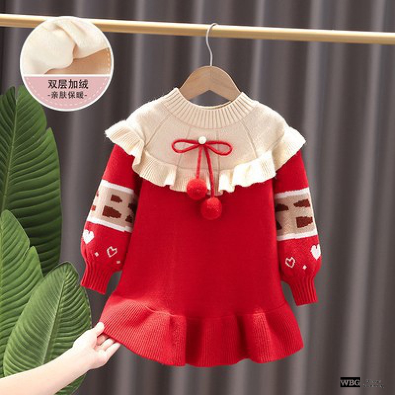 Đầm Len Màu Đỏ Dễ Thương Thời Trang Thu Đông Cho Bé Gái