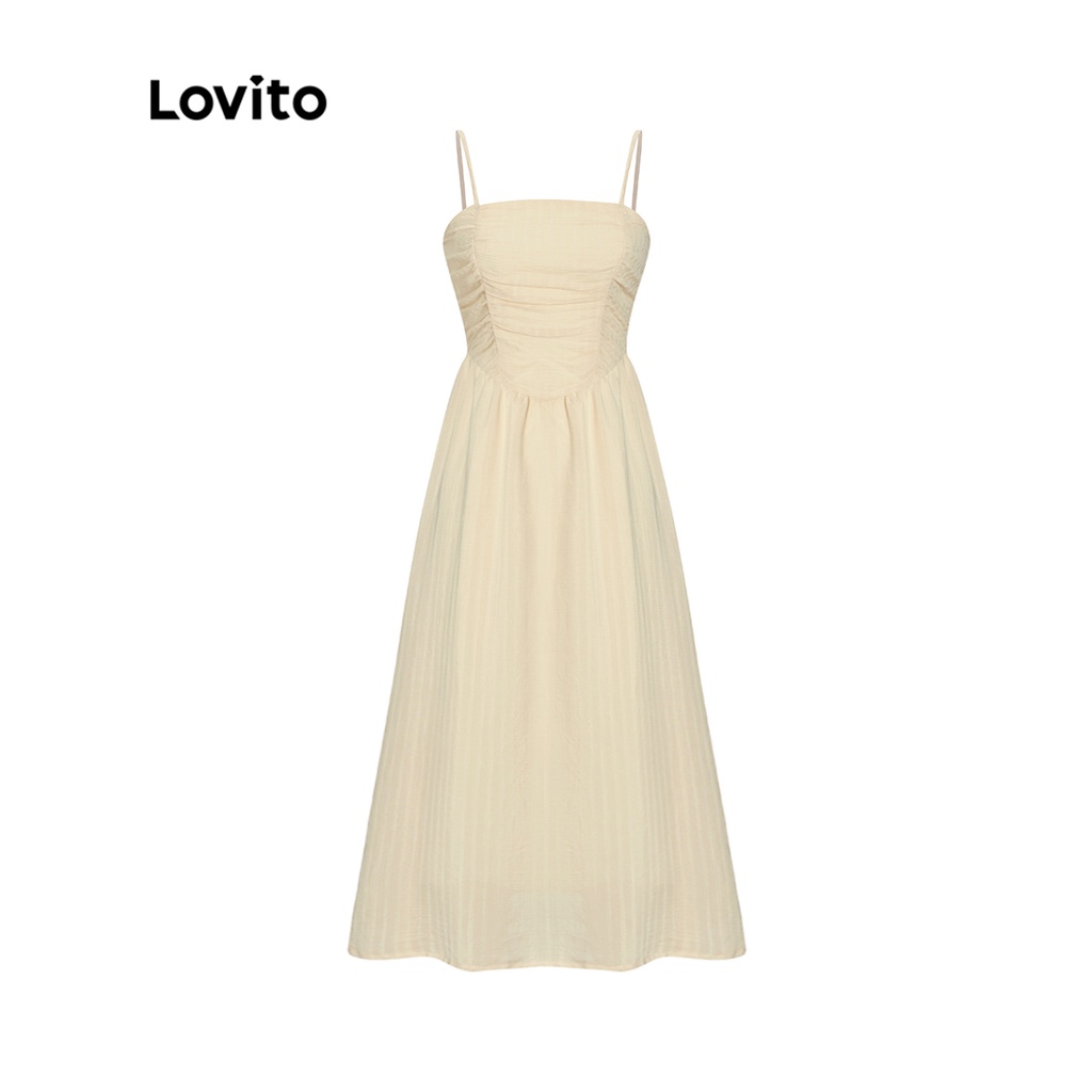 Đầm Lovito dây đeo có thể điều chỉnh màu trơn xếp nếp có lớp lót phong cách thường ngày cho nữ L53AD084 (trắng ngà)