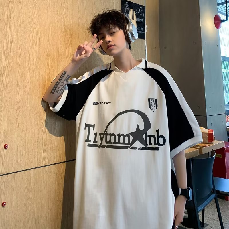 Áo Thun polo Tay Ngắn Dáng Rộng Màu Sắc Tương Phản Phong Cách Retro Mỹ Thời Trang Mùa Hè Cho Nam