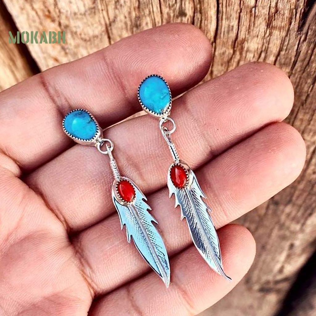 1 Đôi Bông Tai Hình Lông Vũ Đính Đá Ngọc Lam Nhân Tạo Dáng Dài Thanh Lịch Dành Cho Nữ