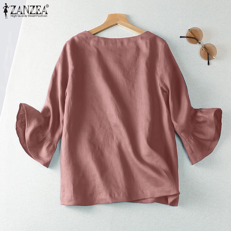 Zanzea Áo Sơ Mi Tay Lửng Nhún Bèo Màu Trơn Phong Cách Hàn Quốc Cho Nữ