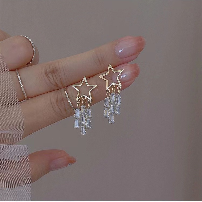 Khuyên Tai Tua Rua Đính Đá zircon Ngôi Sao Năm Cánh Sang Trọng Cá Tính