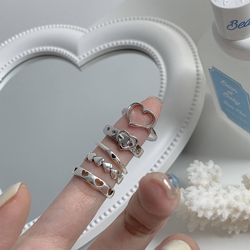 Ygt Set 5 Nhẫn Bạc Hình Trái Tim Dễ Thương Có Thể Điều Chỉnh Cho Nữ