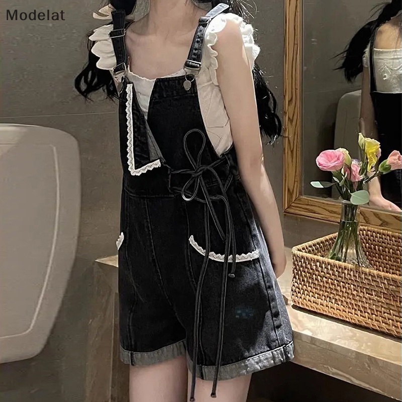 Mfc Quần Yếm Denim Lưng Cao Dáng Rộng Cột Dây Phong Cách Lolita Đáng Yêu Cho Nữ