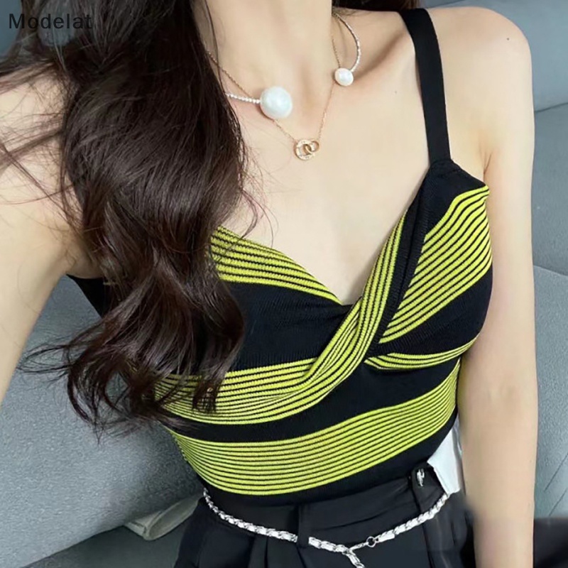 Mfc Áo Dệt Kim Không Tay Dáng Ôm Họa Tiết Kẻ Sọc Màu Tương Phản Thời Trang Quyến Rũ Cho Nữ