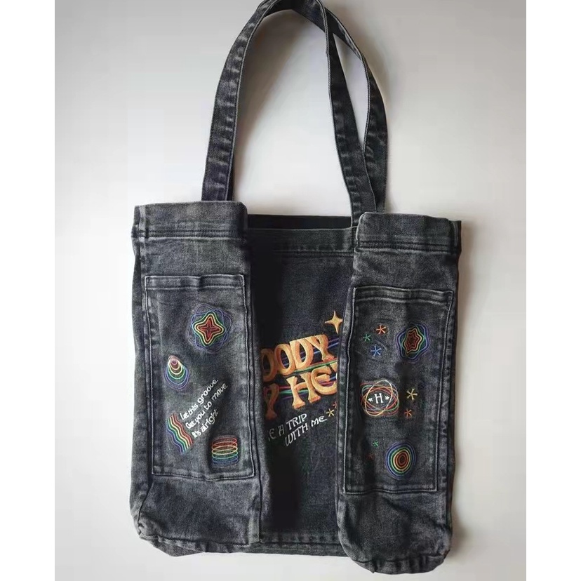 Túi Xách Vải Denim Cỡ A4 Thêu Họa Tiết Thời Trang Cho Nữ