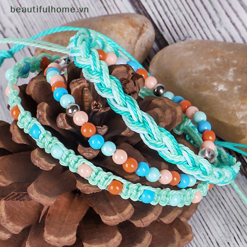 Bộ 3 Vòng Tay Dây Bện Xỏ Hạt Nhiều Màu Phong Cách Bohemian Thời Trang