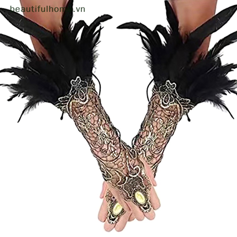 [beautifulhome] Găng Tay Lưới Ren Lông Vũ Dài Hở Ngón Màu Vàng Kim Quyến Rũ Phụ Kiện Làm Đẹp Cho Nữ Đi Tiệc [beauty]