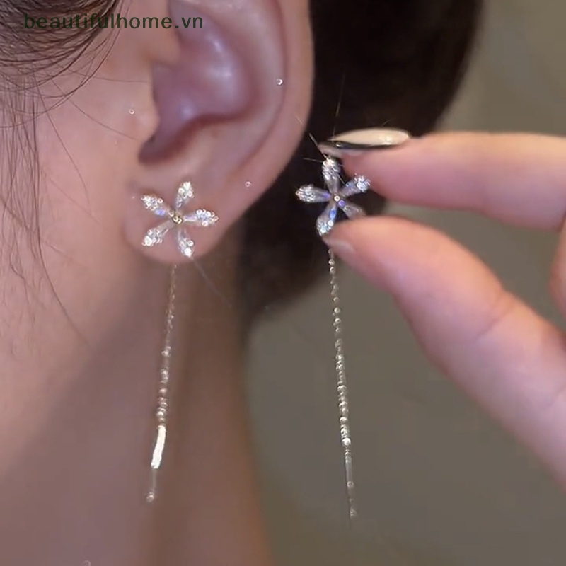 1 Đôi Bông Tai Dáng Dài Hình Hoa Đính Đá Zircon Lấp Lánh Thời Trang