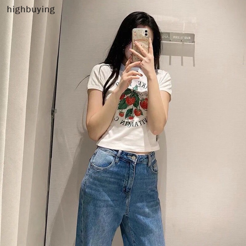 Áo Thun Croptop Ngắn Tay Cổ Tròn In Họa Tiết Dâu Tây Xinh Xắn Theo Phong Cách Mùa Hè Dành Cho Nữ