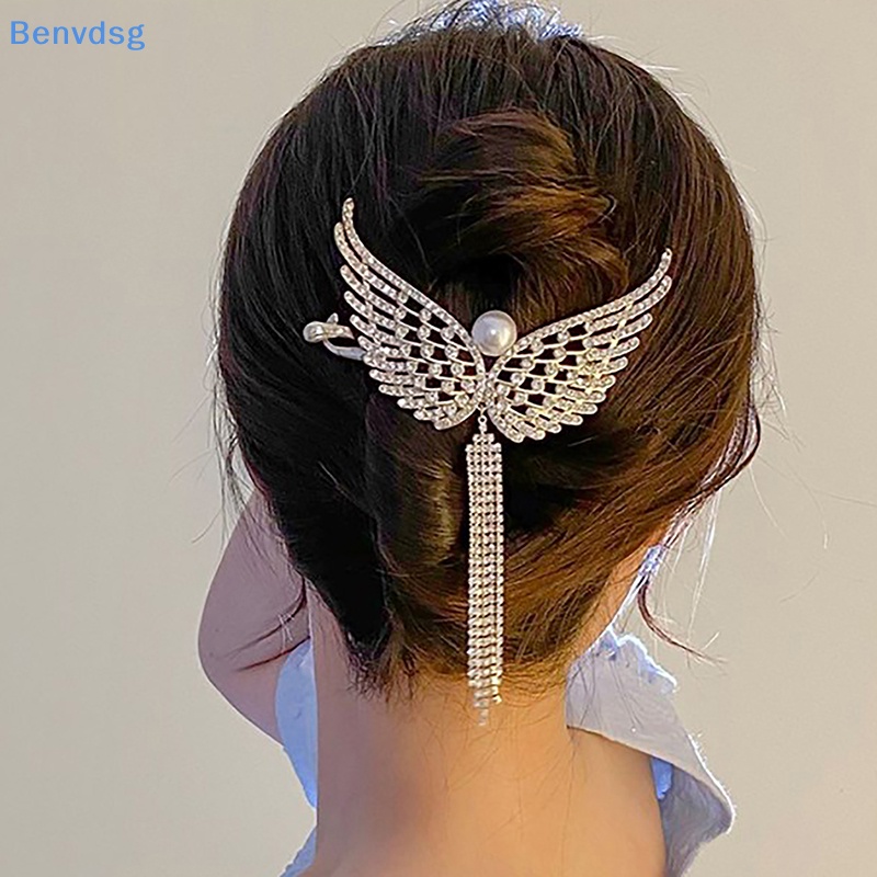 Kẹp Tóc Hình Đôi Cánh Thiên Thần Đính Đá Ngọc Trai Phối Dây Tua Rua Phong Cách Hàn Quốc