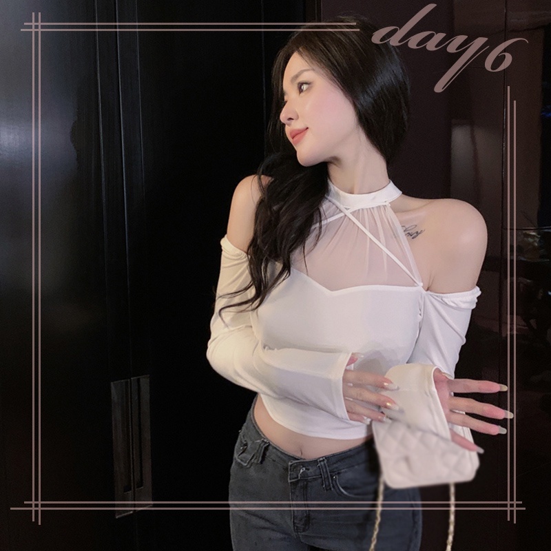 Áo Croptop Tay Dài Phối Lưới Màu Sắc Thanh Lịch Cho Phái Nữ