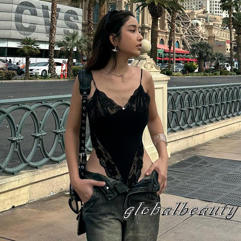 Áo Liền Quần Hai Dây Phối Ren Cổ Chữ V Gợi Cảm Cho Nữ