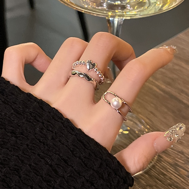 Bộ Nhẫn Bạc Dạng Mở Đính Ngọc Trai Hình Trái Tim Cổ Điển Có Thể Điều Chỉnh Cho