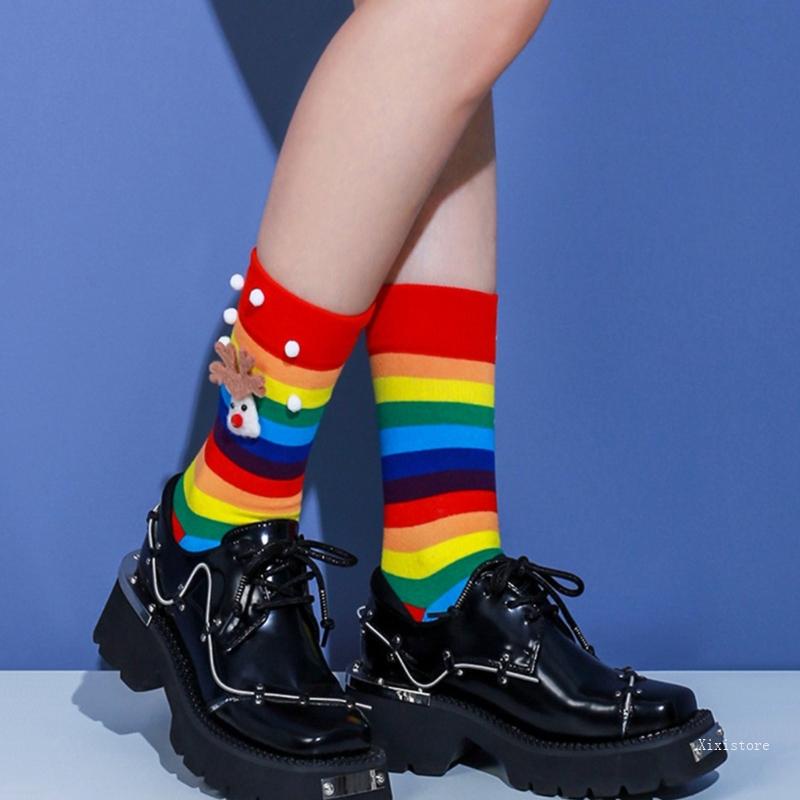 XIXI 1 Đôi Vớ Cotton Dài In Họa Tiết Sọc Cầu Vồng Thời Trang Dành Cho Nữ