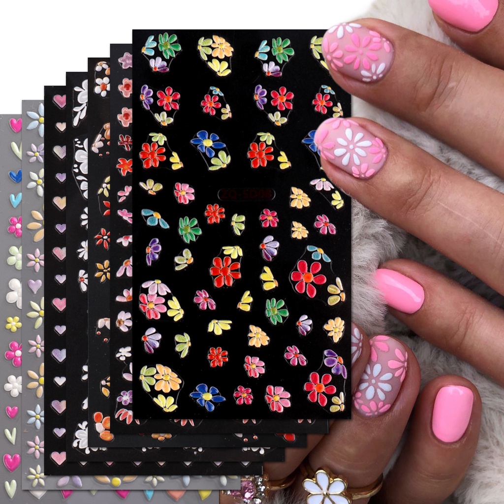Miếng Dán Móng Tay Dập Nổi Họa Tiết Hoa Năm Cánh Trái Tim Màu Sắc Mùa Hè Pháp