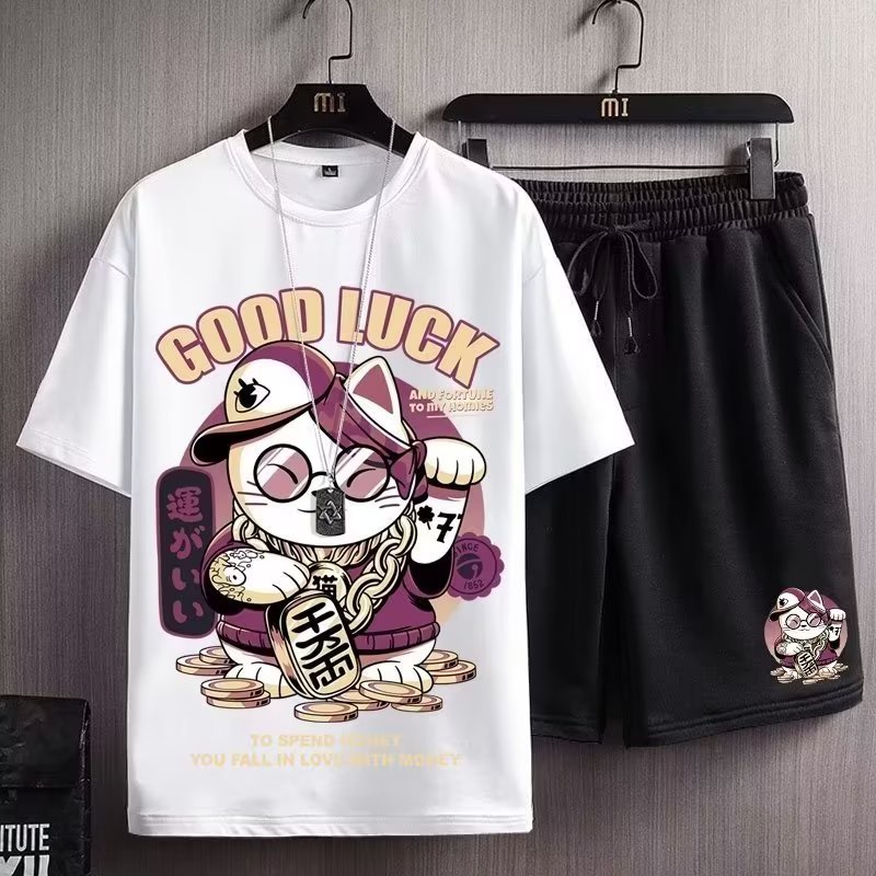 Set đồ thể thao HANLU ngắn tay dáng rộng in họa tiết mèo may mắn cho nam