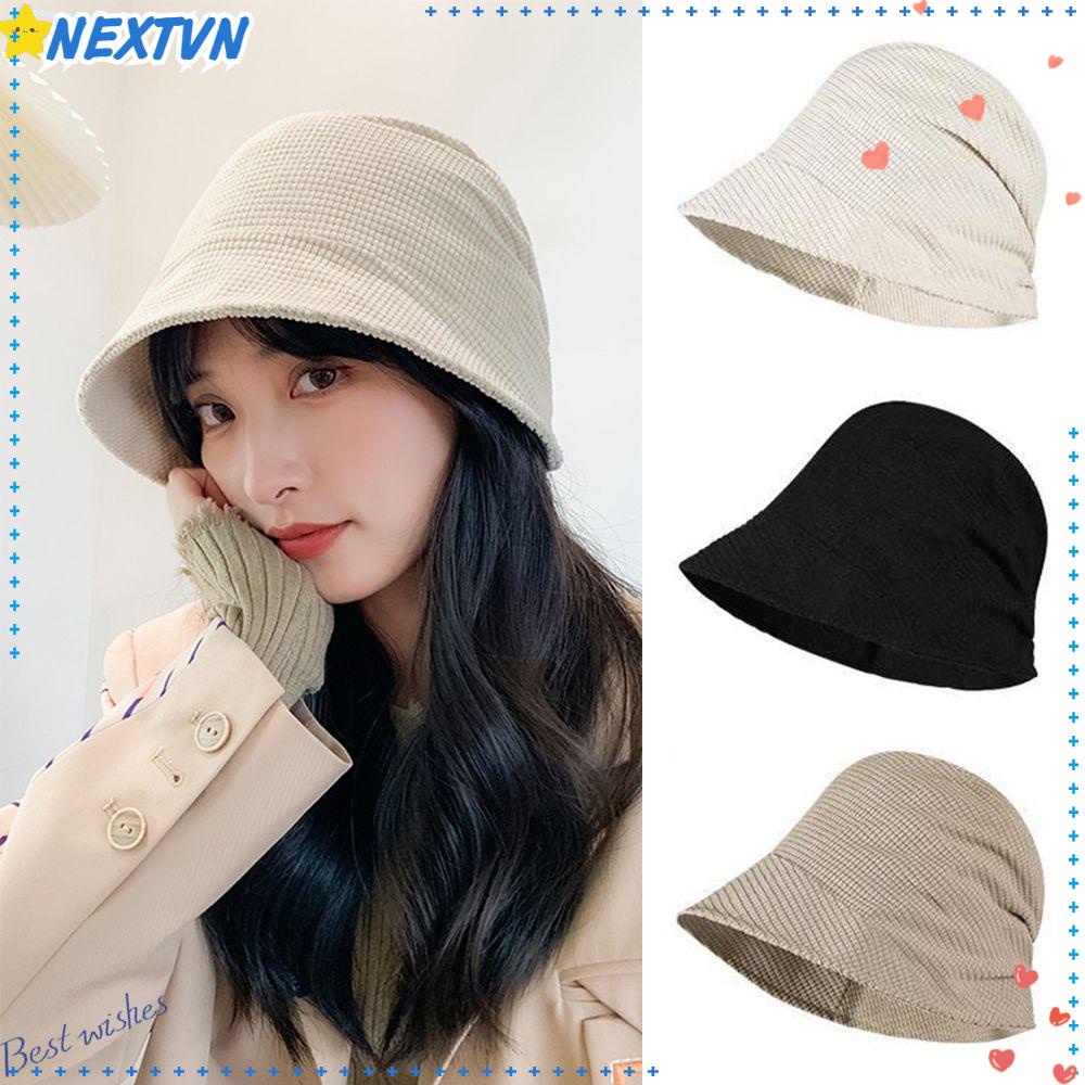 Mũ Bucket Chất Liệu Vải Nhung Kẻ Thời Trang Mới Cho Nữ
