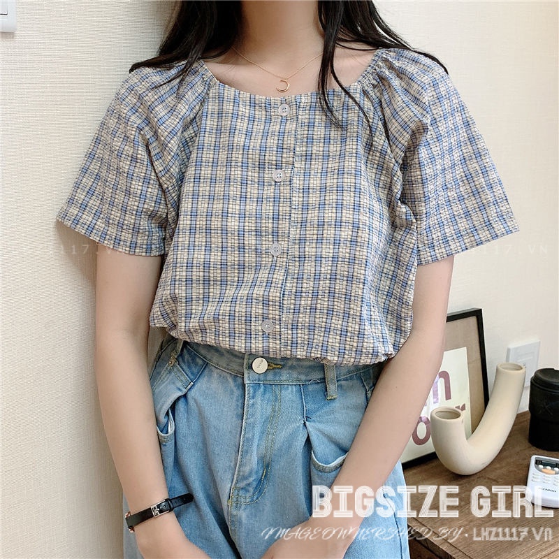 Áo sơ mi nữ tay ngắn Bigsize Áo sơ mi kẻ caro form rộng cổ tròn mùa hè Phong cách Hàn Quốc Thời Trang đẹp