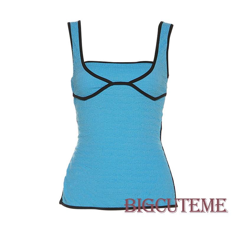 [] - Áo Tank Top Không Tay Cổ Vuông Buộc Dây Sau Lưng Màu Tương Phản Ôm Dáng Vừa Vặn Cho Nữ